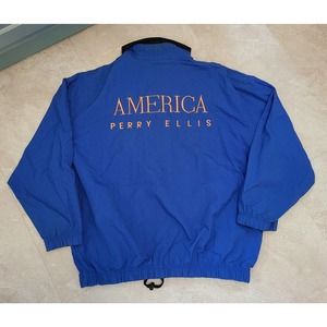 VTG Perry Ellis America Spellout 1/4 Zip Pullover‎ Windbreaker Jacket Mens Sz XL